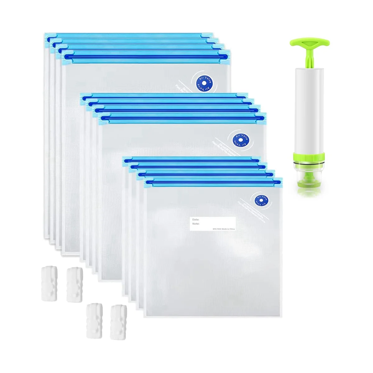 40 Pack Reusable Vacuum Food Storage Bags, with 3 Sizes Vacuum Food Bags,1 Hand Pump, 4 Sealing Clips
40 Pack Reusable Vacuum Food Storage Bags, with 3 Sizes Vacuum Food Bags,1 Hand Pump, 4 Sealing Clips