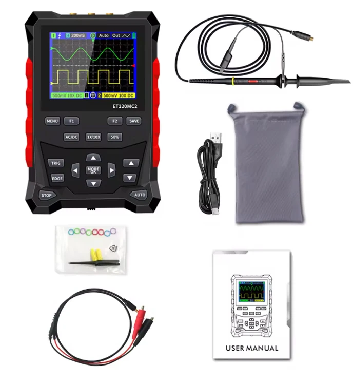 ET120MC2 Dual Channel Digital Oscilloscope 120MHz Signal Generator 500MSa/S For Test Meters Tool Accessory In Stock Wholesale
ET120MC2 Dual Channel Digital Oscilloscope 120MHz Signal Generator 500MSa/S For Test Meters Tool Accessory In Stock Wholesale