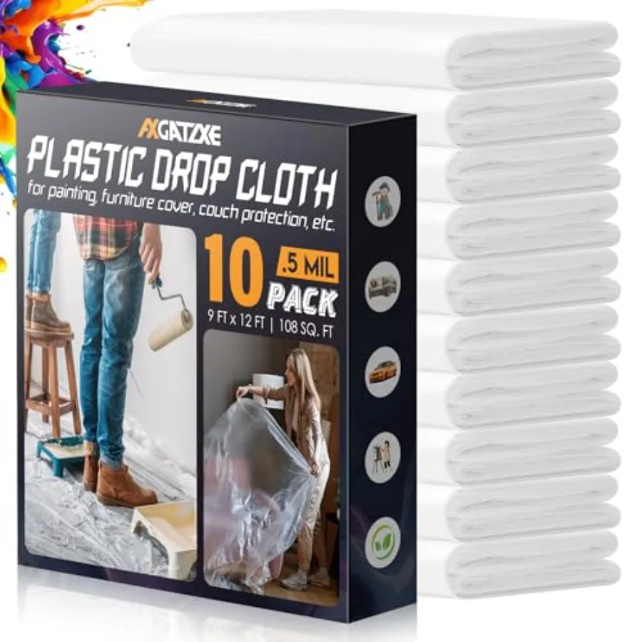 12 x 9 Feet Plastic Drop Cloths - Disposable Painter's Sheeting and Tarps for Painting, Waterproof Furniture/Couch/Floor Protec
12 x 9 Feet Plastic Drop Cloths - Disposable Painter's Sheeting and Tarps for Painting, Waterproof Furniture/Couch/Floor Protec