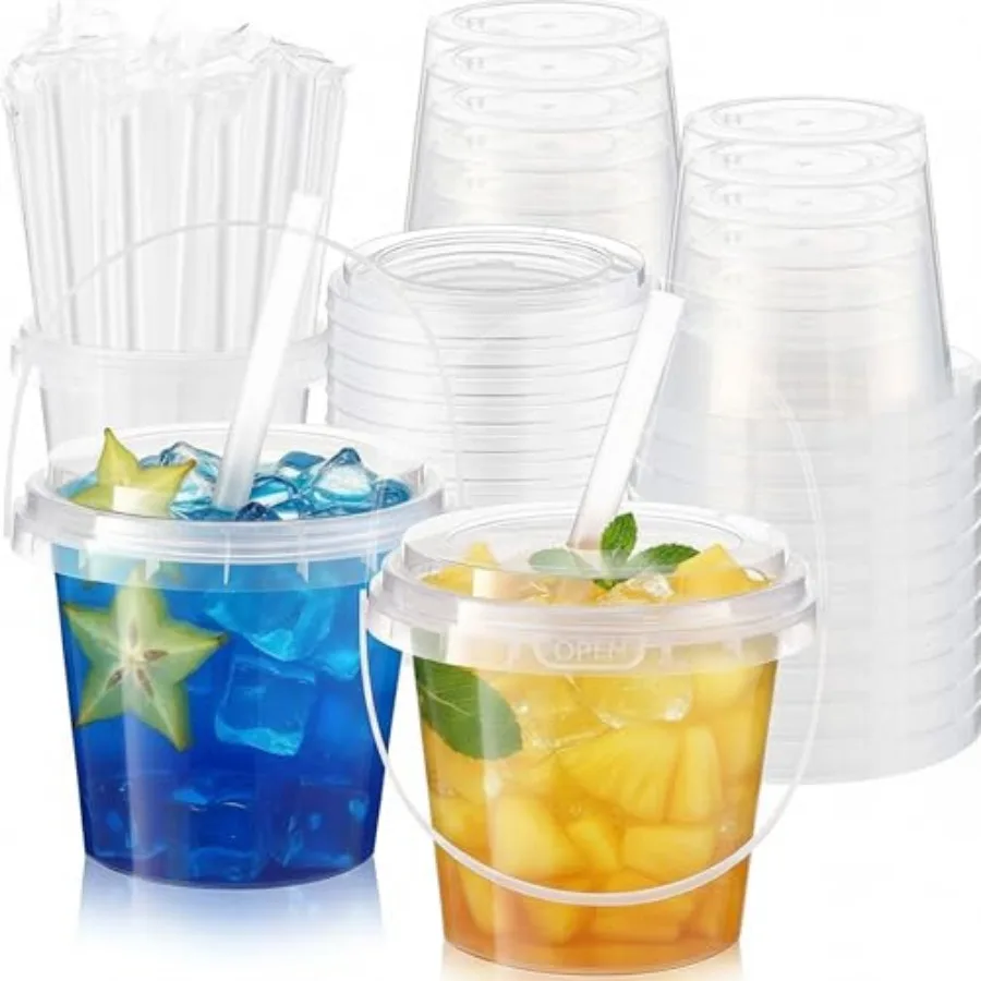 Sets 24 oz Clear Plastic Drink Buckets with Lids, Straws and Handles, PP Disposable Cups for Smoothies, Ice Cream, Outdoor Trav
Sets 24 oz Clear Plastic Drink Buckets with Lids, Straws and Handles, PP Disposable Cups for Smoothies, Ice Cream, Outdoor Trav