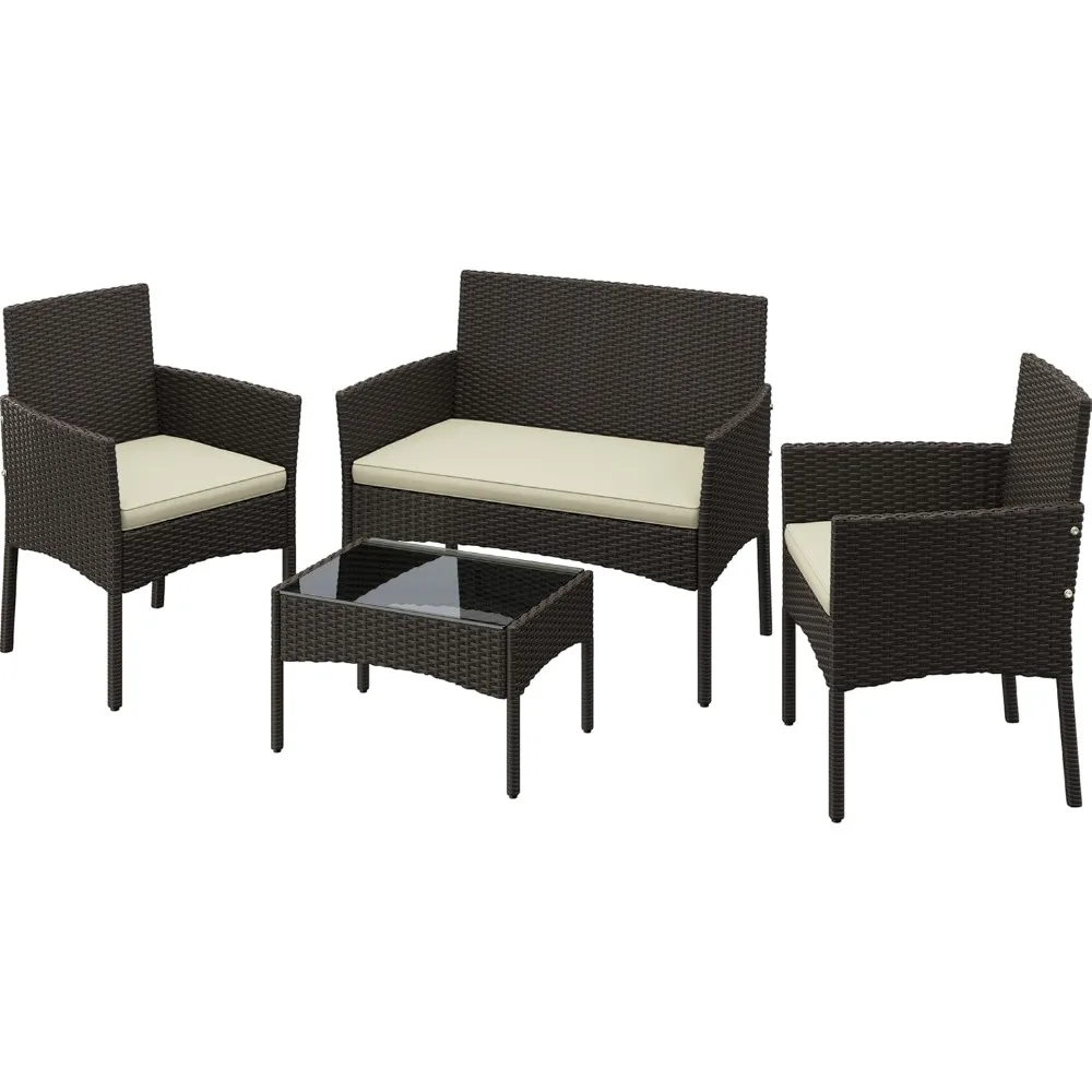 Patio Furniture Set 4 Pieces Conversation Sets, Rattan Chair Wicker Set Loveseat with Soft Cushion and Glass Table for Backyard
Patio Furniture Set 4 Pieces Conversation Sets, Rattan Chair Wicker Set Loveseat with Soft Cushion and Glass Table for Backyard