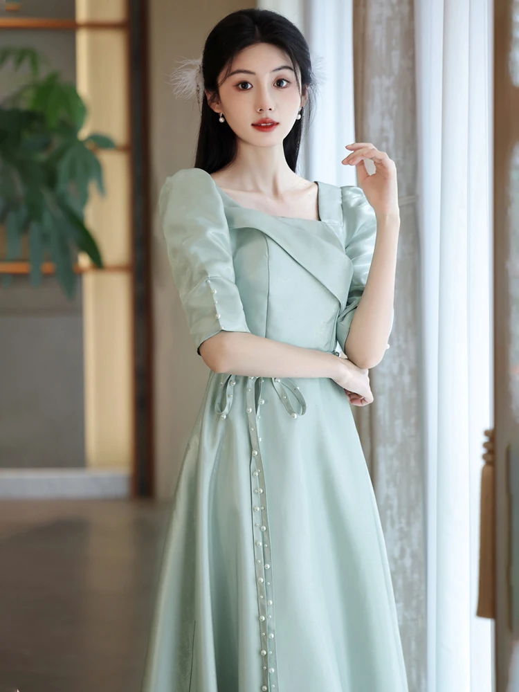 Green Satin A-Line Bridesmaid Dresses Women Square Collar Puff Sleeve Slim Long Vestidos Female Wedding Guest Gown
Green Satin A-Line Bridesmaid Dresses Women Square Collar Puff Sleeve Slim Long Vestidos Female Wedding Guest Gown
