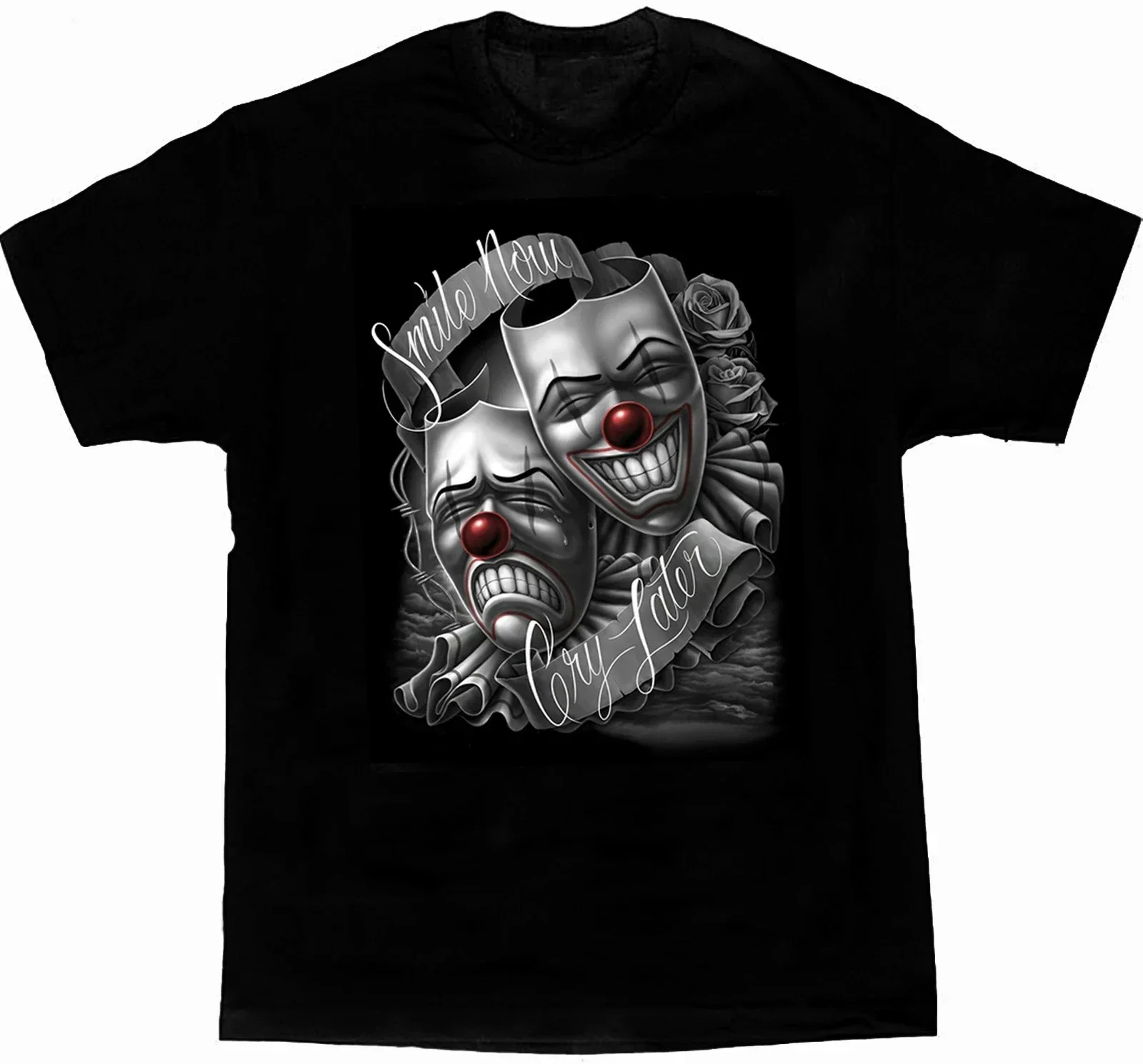 Smile Now Cry Later Drama Mask Lowrider Chicano Art T-Shirt 100% Cotton O-Neck Short Sleeve Casual Mens Size S-3xl
Smile Now Cry Later Drama Mask Lowrider Chicano Art T-Shirt 100% Cotton O-Neck Short Sleeve Casual Mens Size S-3xl