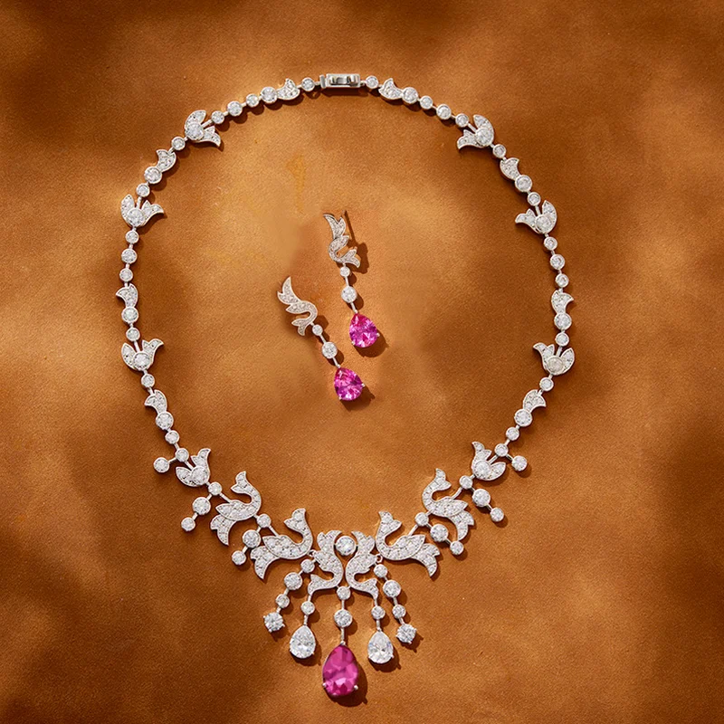 Custom Designer Collection Style Dinner Party Jewelry Sets Inlay Hot Pink Pyriform Cubic Zircon Pendant Chain Necklace Earrings
Custom Designer Collection Style Dinner Party Jewelry Sets Inlay Hot Pink Pyriform Cubic Zircon Pendant Chain Necklace Earrings