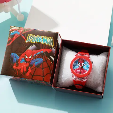 Cartoon Mickey Flash Light Girls Watches with Box Silicone Strap Spiderman Children Watches Kids Student Clock reloj infantil