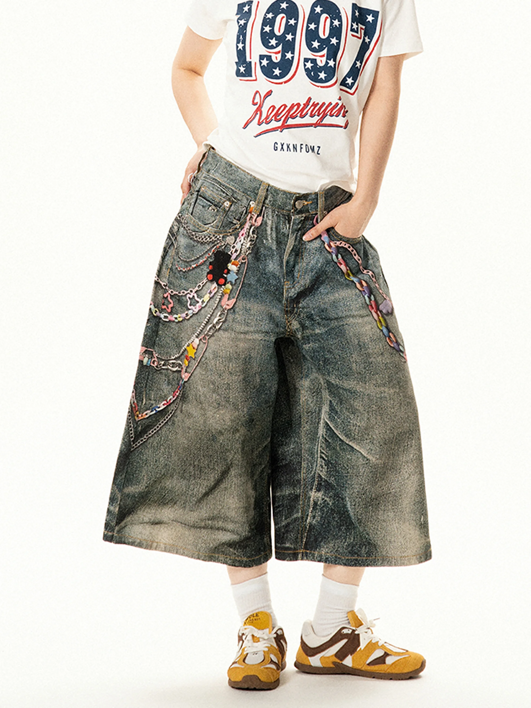 Retro American Chain Print Denim orts Women's Summer Loose Wide Leg Seven-Foot Pants Design Sensation Casual Faion
Retro American Chain Print Denim orts Women's Summer Loose Wide Leg Seven-Foot Pants Design Sensation Casual Faion