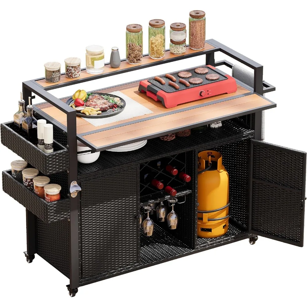 Rolling Rattan Bar Grill Table Cart on Lockable Wheels with Drop Leaf, Outdoor Patio Wicker Kitchen Island with Storage Cabinet
Rolling Rattan Bar Grill Table Cart on Lockable Wheels with Drop Leaf, Outdoor Patio Wicker Kitchen Island with Storage Cabinet