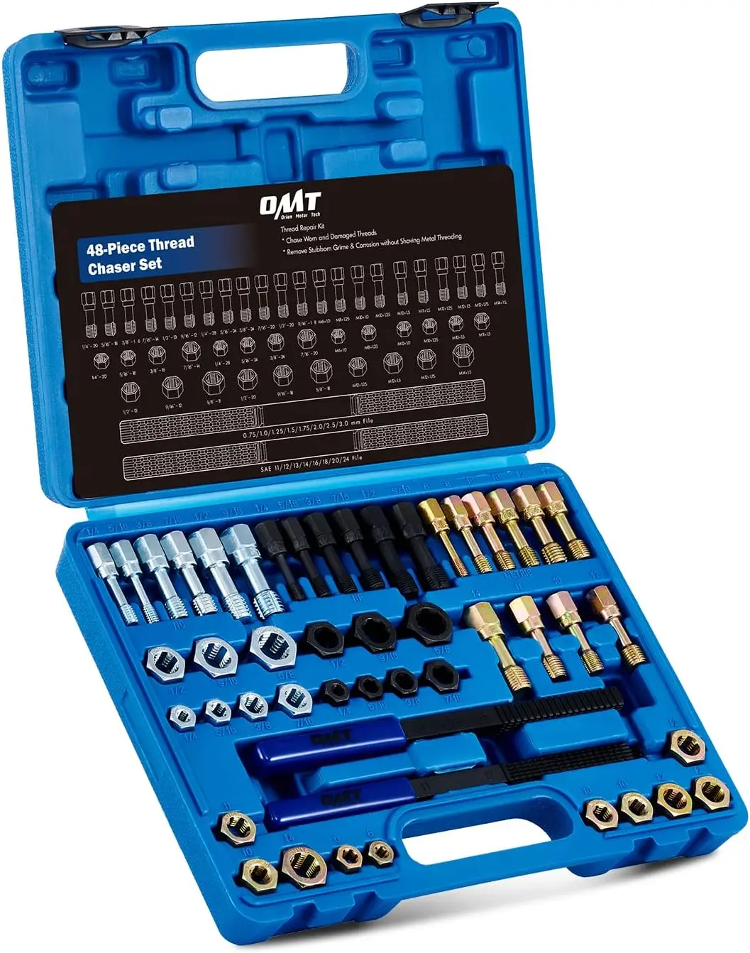 49-Piece Thread Chaser Set, Metric & SAE Repair Kit with Taps, Dies, Files in Case
49-Piece Thread Chaser Set, Metric & SAE Repair Kit with Taps, Dies, Files in Case