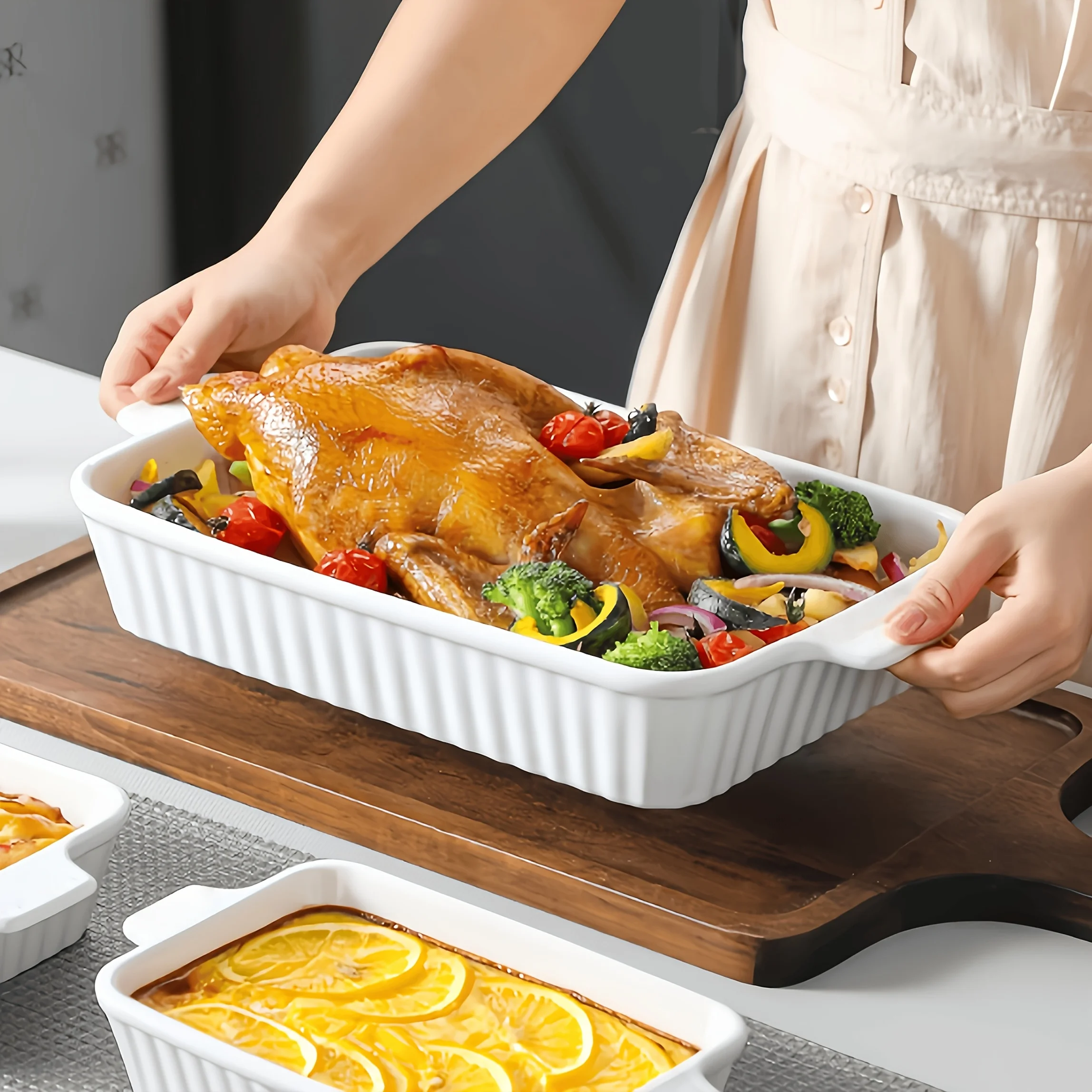 Oven Safe White Ribbed Ceramic Baking Tray - Rectangular Bakeware with Handles
Oven Safe White Ribbed Ceramic Baking Tray - Rectangular Bakeware with Handles