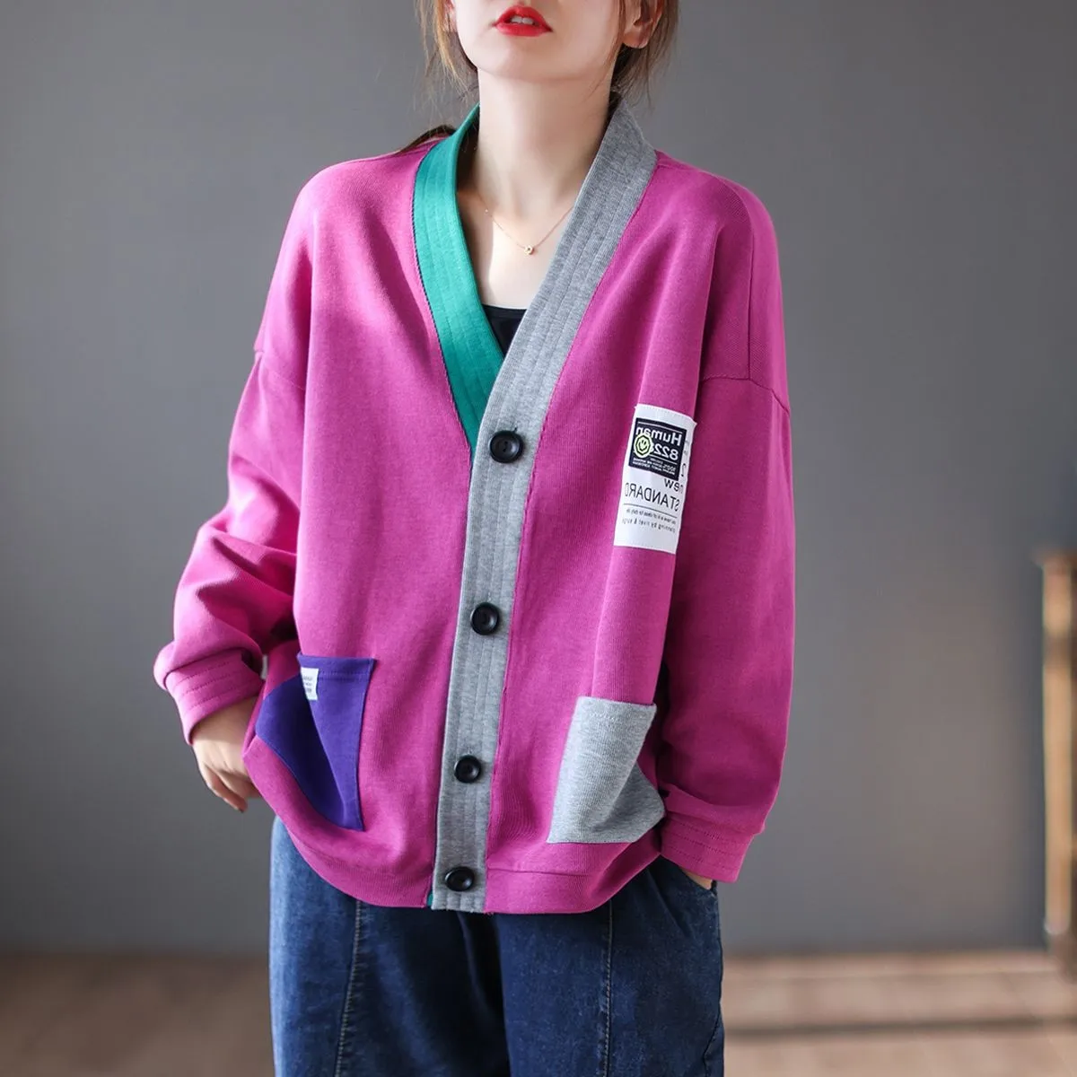 Loose V-Neck Long Sleeve Patchwork Open Cardigan Women's Style Spring Autumn Artistic Lazy Color Collision Sweatshirt Jacket
Loose V-Neck Long Sleeve Patchwork Open Cardigan Women's Style Spring Autumn Artistic Lazy Color Collision Sweatshirt Jacket