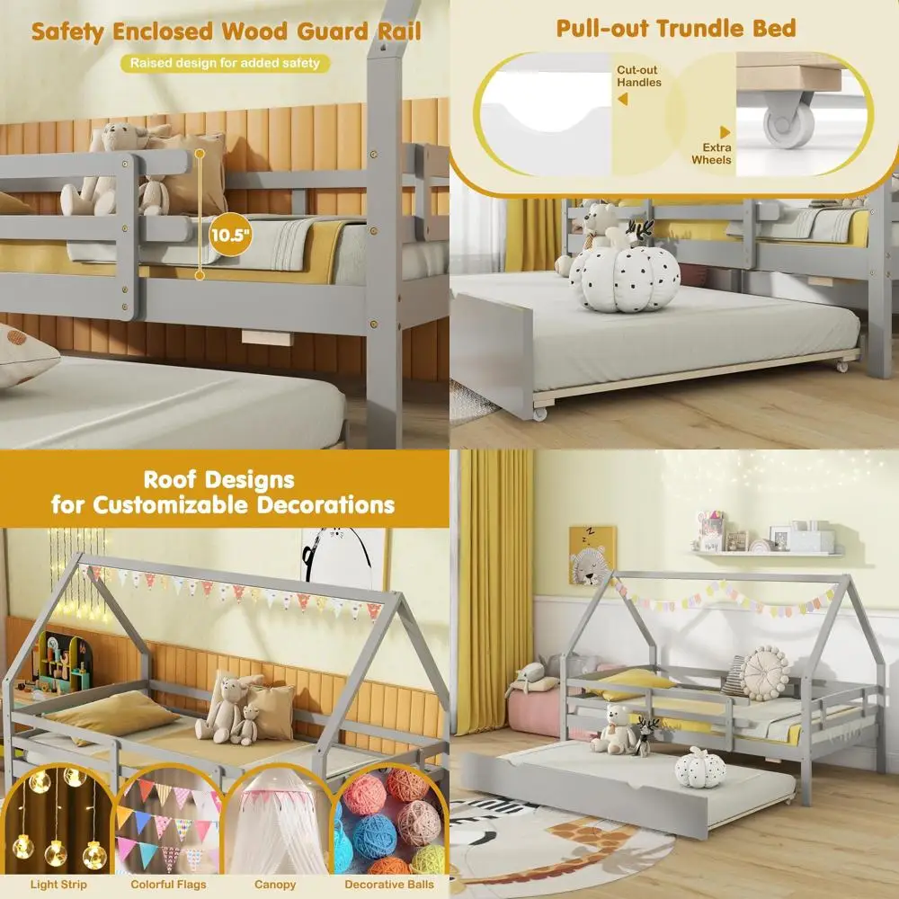 Twin Size Wooden House Bed with Trundle, Safety Rails & Roof for Kids and Teens (Grey)
Twin Size Wooden House Bed with Trundle, Safety Rails & Roof for Kids and Teens (Grey)