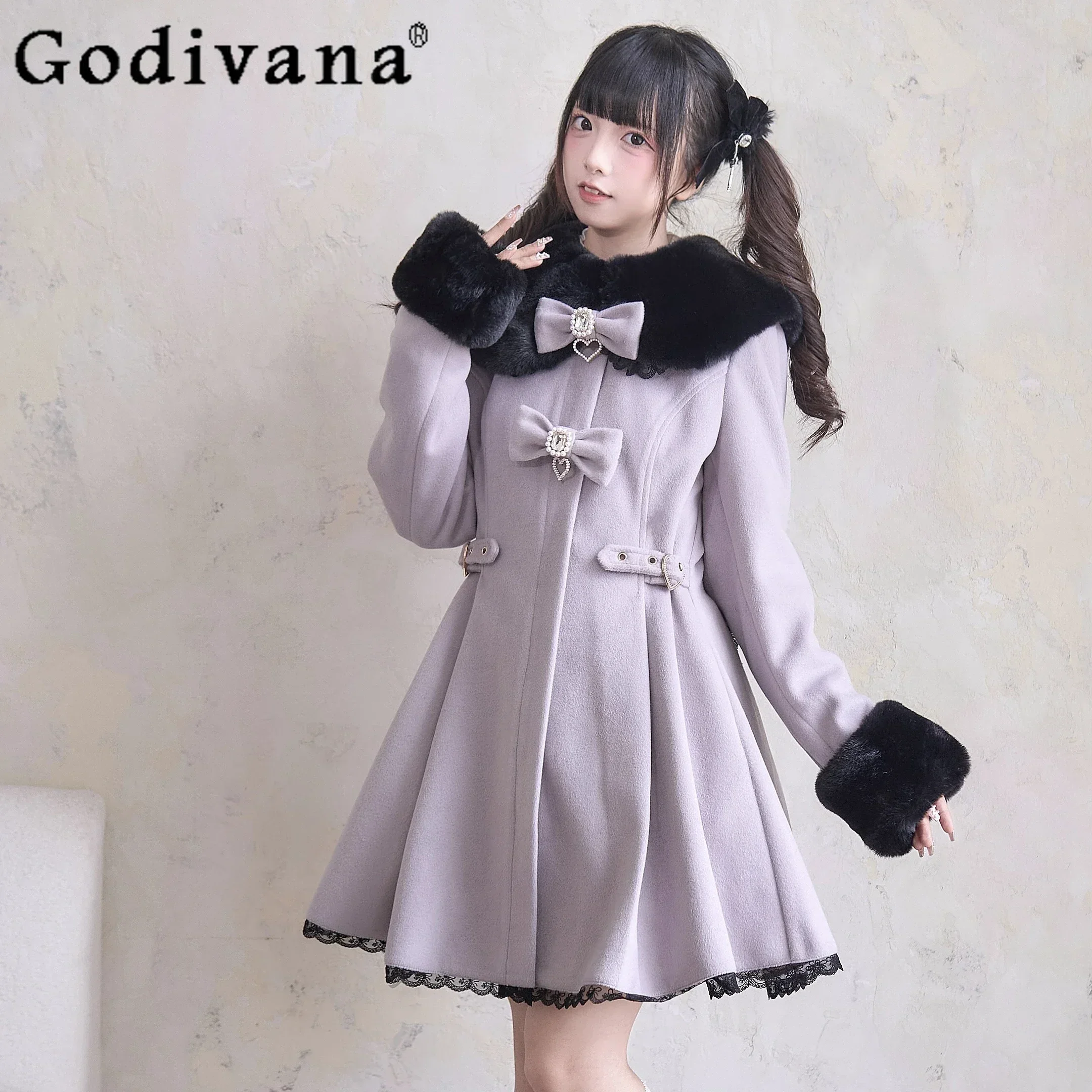 Japanese Mine Series Mass-produced Sweet Girl Purple Woolen Coat Bow Single-breasted Lace Fur Collar Elegant Jackets Winter
Japanese Mine Series Mass-produced Sweet Girl Purple Woolen Coat Bow Single-breasted Lace Fur Collar Elegant Jackets Winter