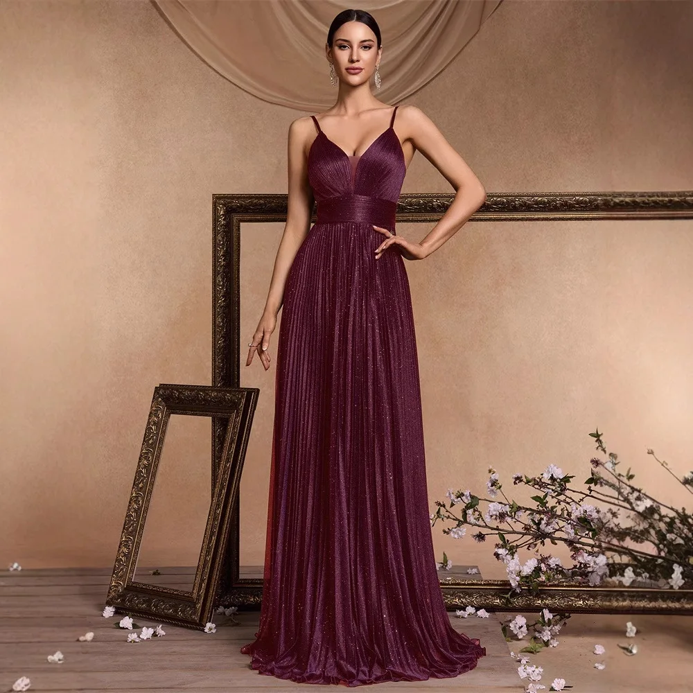 Burgundy Glitter Pleated A Line Maxi Dress Spaghetti Strap Deep V Ruched Waist Flowy Floor Wedding Guest Evening Gown
Burgundy Glitter Pleated A Line Maxi Dress Spaghetti Strap Deep V Ruched Waist Flowy Floor Wedding Guest Evening Gown