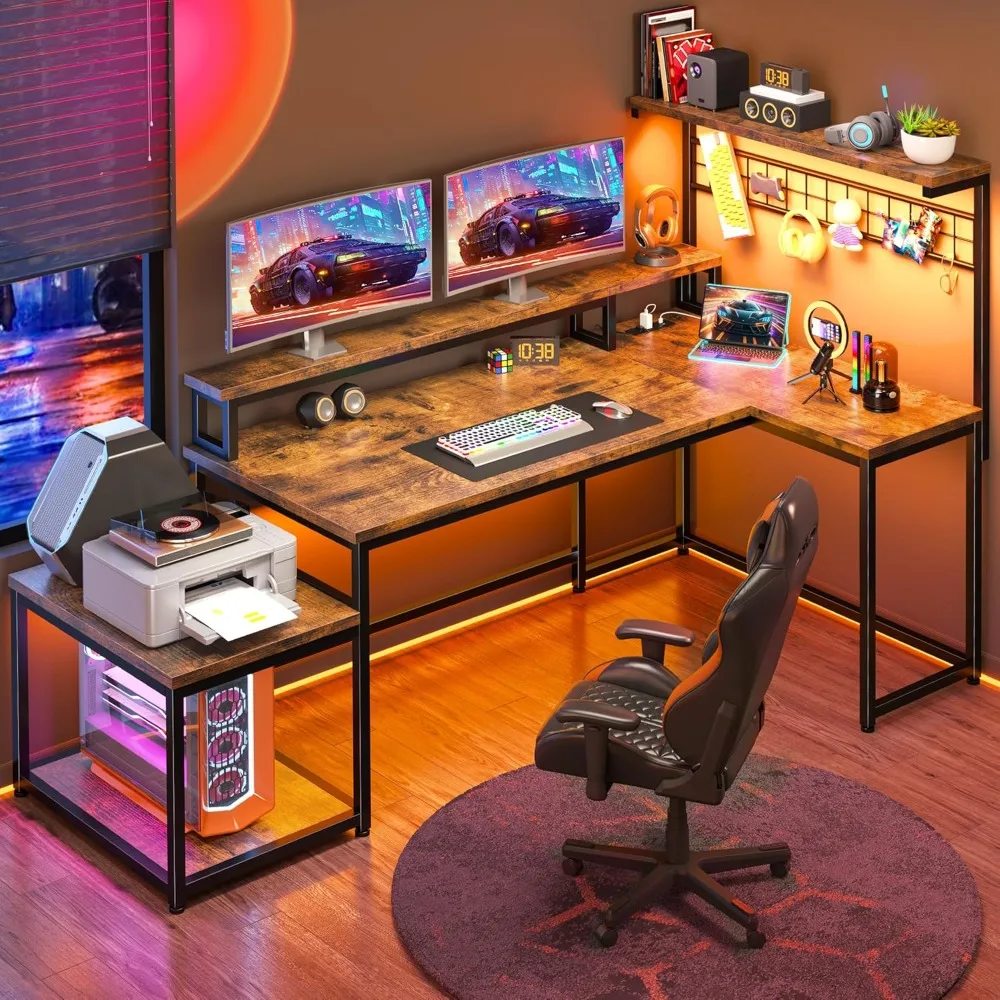 L Shaped Gaming Desk with LED Lights & Power Outlets,Reversible Corner Gaming Table with Storage Shelf & Hooks,Computer Desk
L Shaped Gaming Desk with LED Lights & Power Outlets,Reversible Corner Gaming Table with Storage Shelf & Hooks,Computer Desk