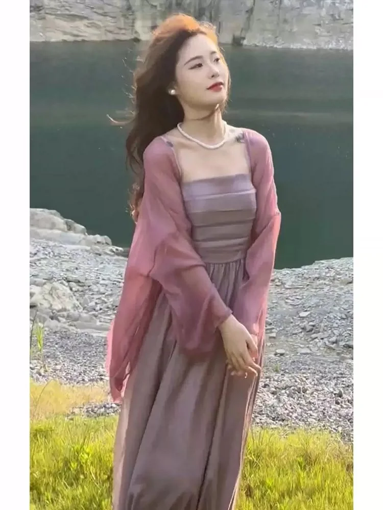 New Chinese Style Women Suit Purple Fairy Slip Dress Strapless Long Dress Set Sunscreen Cardigan Set Two Piece Set Women Outfits
New Chinese Style Women Suit Purple Fairy Slip Dress Strapless Long Dress Set Sunscreen Cardigan Set Two Piece Set Women Outfits