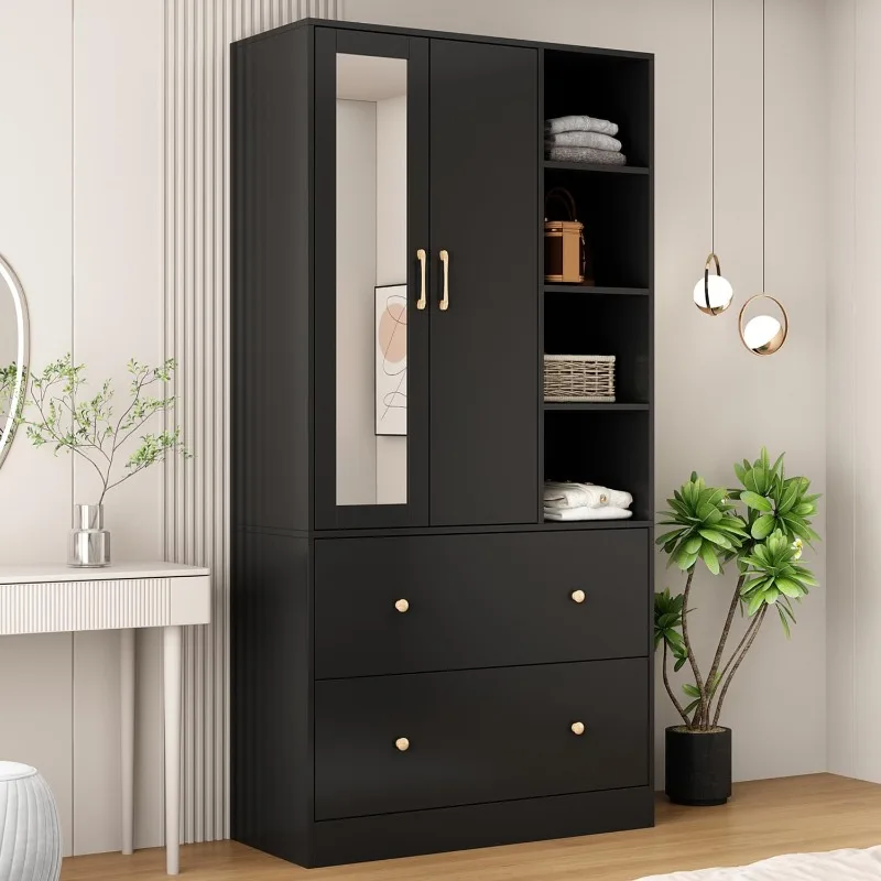 Armoire Closet with Mirror, 2 Door Wardrobe Cabinet with 2 Drawers & Extendable Hanging Rod, Bedroom Armoire Cabi
Armoire Closet with Mirror, 2 Door Wardrobe Cabinet with 2 Drawers & Extendable Hanging Rod, Bedroom Armoire Cabi