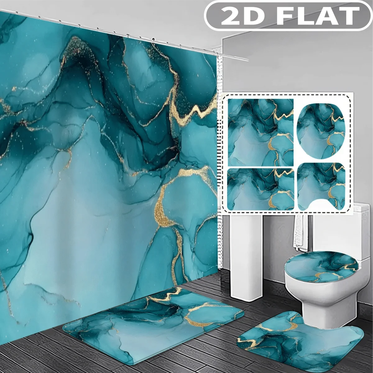4pcs 2D FLAT Teal Marble Gold Veins Pattern Shower Curtain Set, with 3pc Bath Mat and 1pc Curtains Perfect for Home Decor
4pcs 2D FLAT Teal Marble Gold Veins Pattern Shower Curtain Set, with 3pc Bath Mat and 1pc Curtains Perfect for Home Decor
