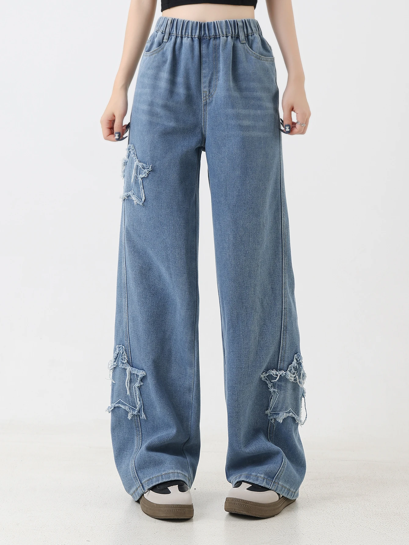 Синие джинсы с эластичной резинкой на талии для девочек со звездным аппликаouz rota - повседневные брюки из потертого денима с прямыми штанинами 
Синие джинсы с эластичной резинкой на талии для девочек со звездным аппликаouz rota - повседневные брюки из потертого денима с прямыми штанинами