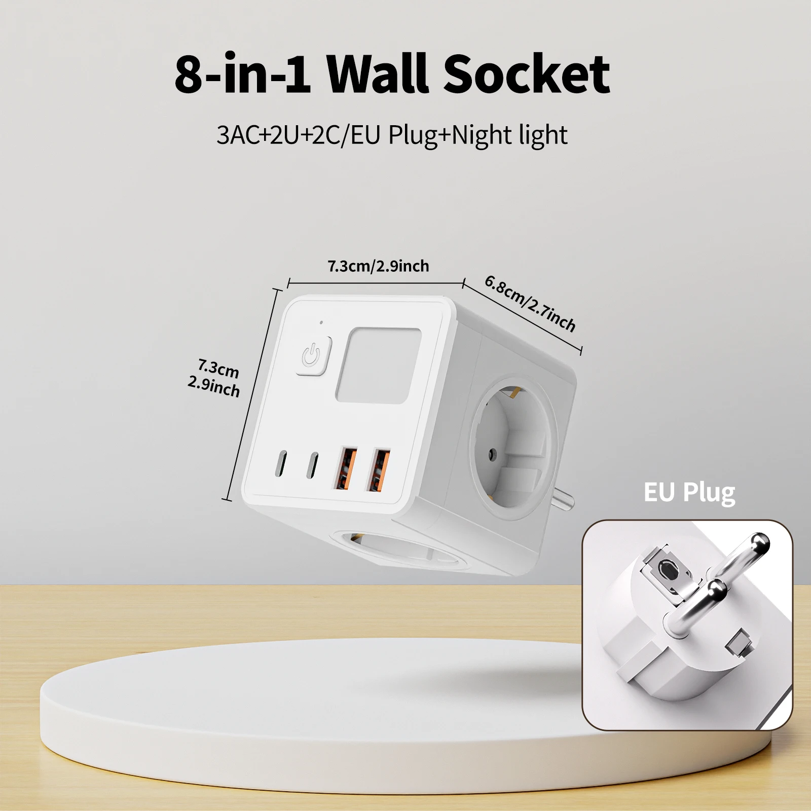 1 EU power strip, 3 AC sockets & 2 USB ports & 2 Type-C ports & with a 3-color small night light.
1 EU power strip, 3 AC sockets & 2 USB ports & 2 Type-C ports & with a 3-color small night light.