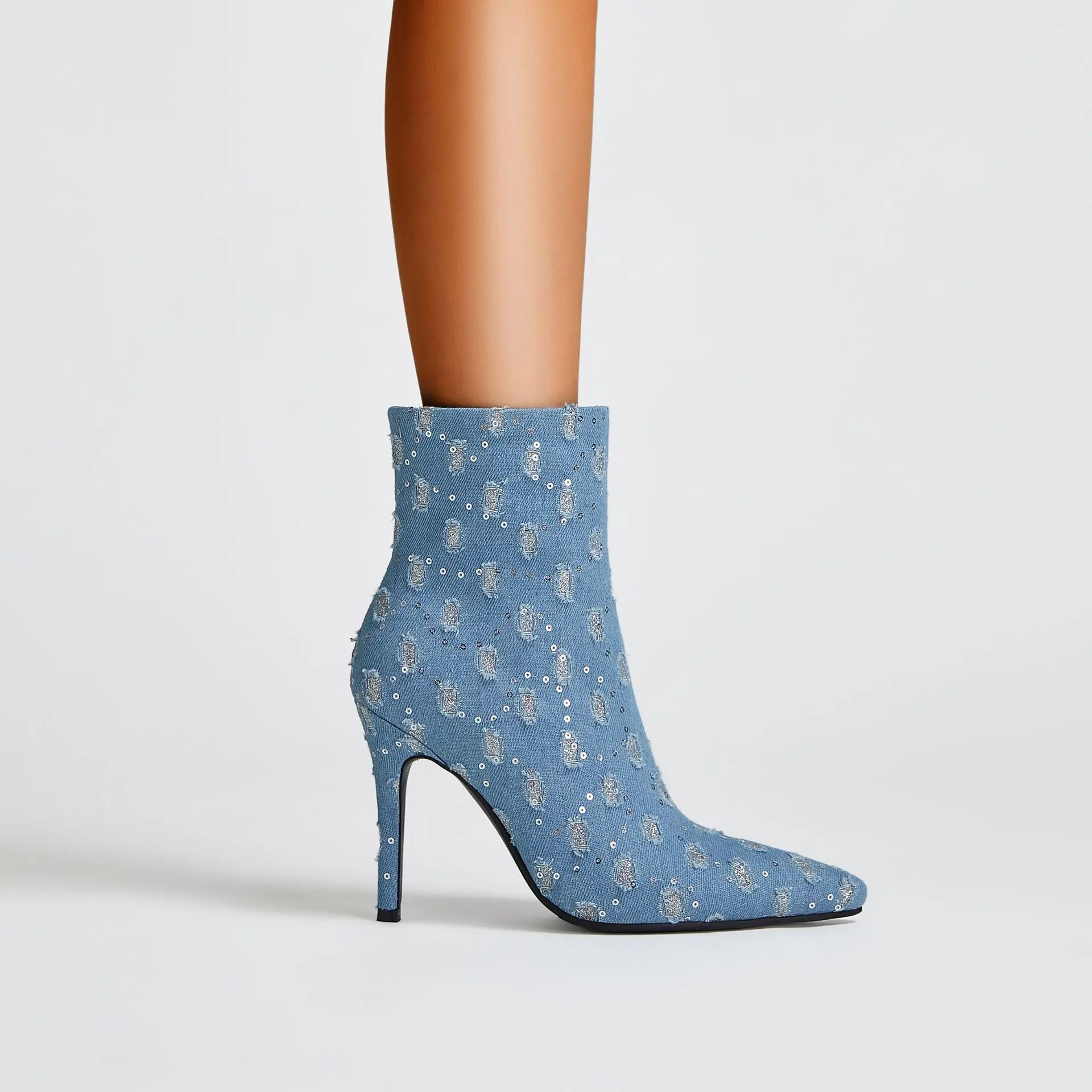 Destroyed Sequined Pointed-Toe Stiletto Ankle Boots Super High Heel Side Zip Large Size Denim Booties Women Shoes Zapato
Destroyed Sequined Pointed-Toe Stiletto Ankle Boots Super High Heel Side Zip Large Size Denim Booties Women Shoes Zapato