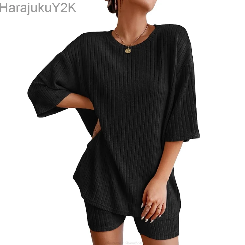 Women's Lounge Sets Pajamas Ribbed Knit Short Sleeve 2 Pieces Tshirt Bike Shorts Loungewear Summer Outfits Loose Set Tracksuits
Women's Lounge Sets Pajamas Ribbed Knit Short Sleeve 2 Pieces Tshirt Bike Shorts Loungewear Summer Outfits Loose Set Tracksuits