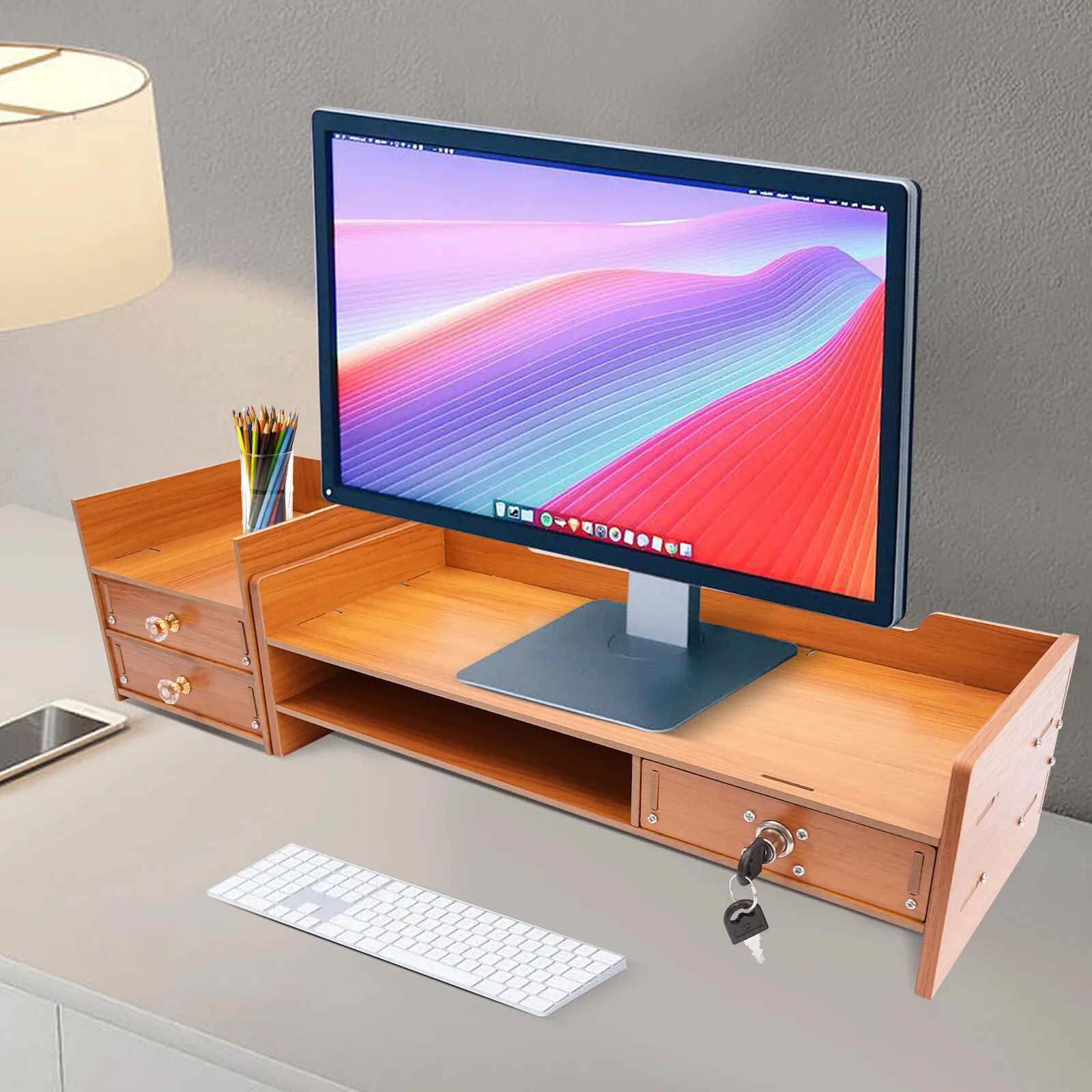 Wood Monitor Riser Drawer with Lock for Computer Laptop Pc Stand Desk Organizer