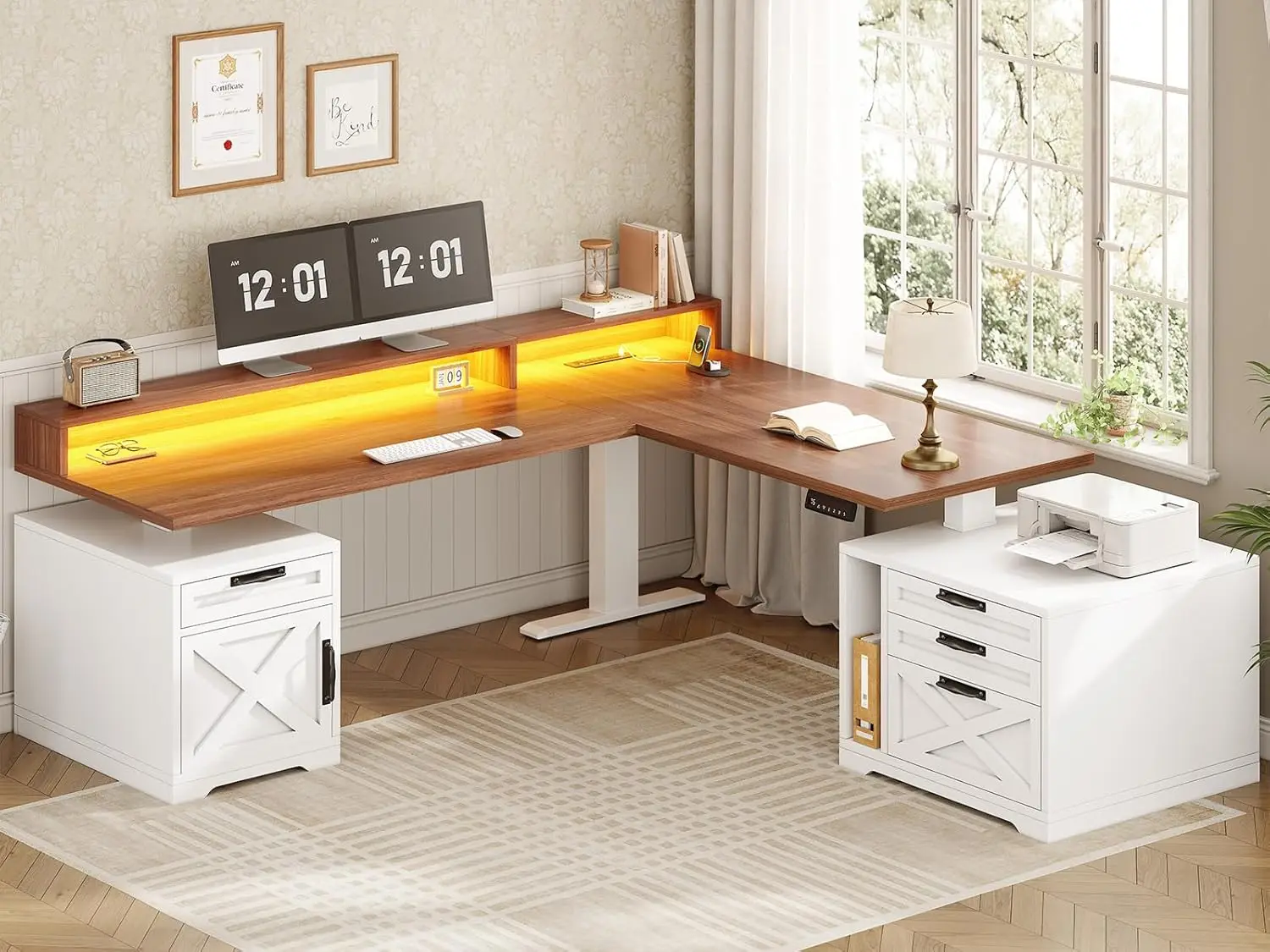 Farmhouse L Shaped Standing Desk, 70.1" x 73.2" Height Adjustable Home Office Executive Desk with Drawers, Power, Customized
Farmhouse L Shaped Standing Desk, 70.1" x 73.2" Height Adjustable Home Office Executive Desk with Drawers, Power, Customized