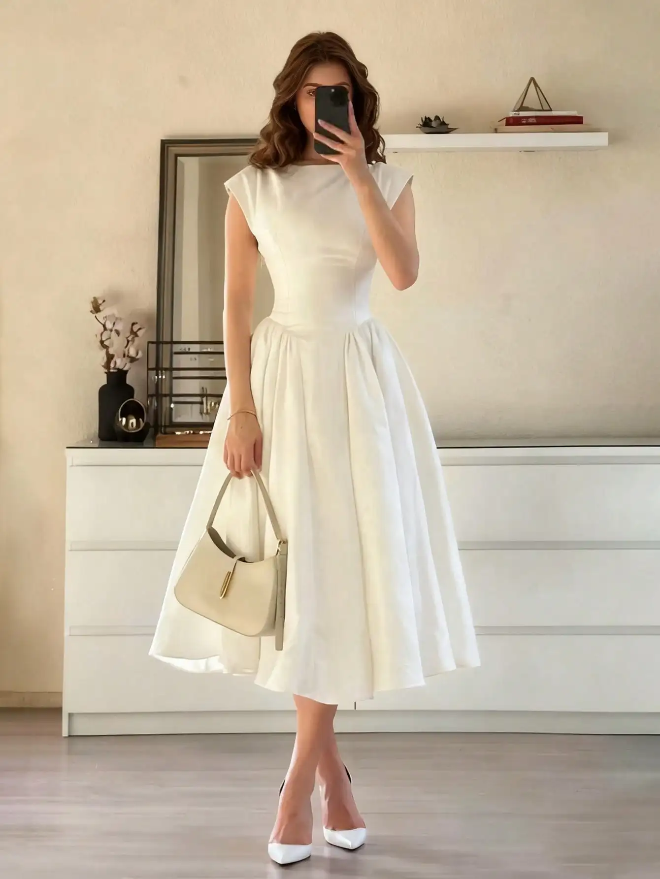 Women's White A-Line Midi Dress with Cinched Waist and Cap Sleeves
Women's White A-Line Midi Dress with Cinched Waist and Cap Sleeves