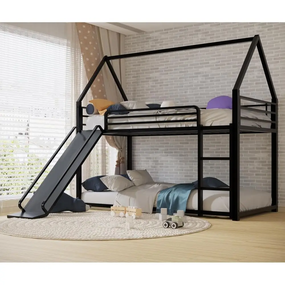 Черная двухъярусная кровать Twin-Over-Twin с горкой, лестницей в форме домика, усиленная, низкая, с защитным ограждением, не требует пружинного блока, простая сборка
Черная двухъярусная кровать Twin-Over-Twin с горкой, лестницей в форме домика, усиленная, низкая, с защитным ограждением, не требует пружинного блока, простая сборка