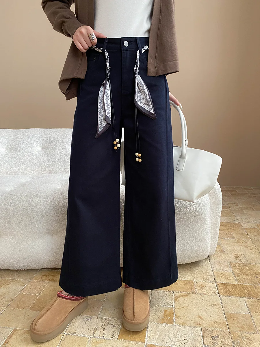 Women's fashionable scarf belt, loose wide leg straight leg jeans, small stature
Women's fashionable scarf belt, loose wide leg straight leg jeans, small stature