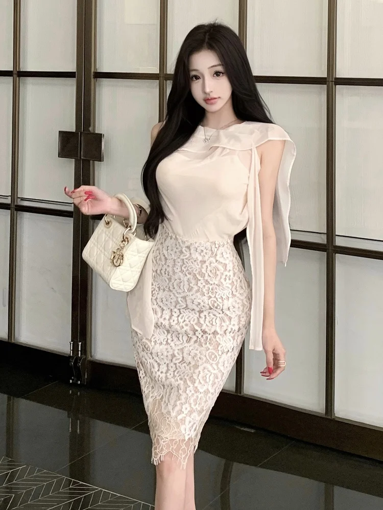 Elegant Gentle Wind Sash Chiffon Top High Waist Lace Wrap Bodycon Skirt Set Women's Fashion Summer Outfit Sexy Style
Elegant Gentle Wind Sash Chiffon Top High Waist Lace Wrap Bodycon Skirt Set Women's Fashion Summer Outfit Sexy Style