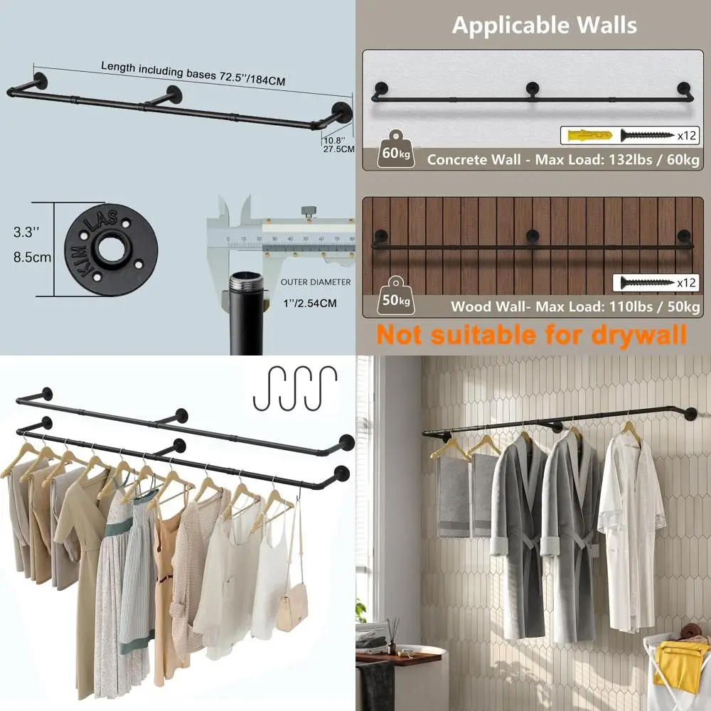 Wall-Mounted 72 Industrial Pipe Clothes Rack with 3 Hooks, Max Load 135Lb, Black (2-Pack)
Wall-Mounted 72 Industrial Pipe Clothes Rack with 3 Hooks, Max Load 135Lb, Black (2-Pack)