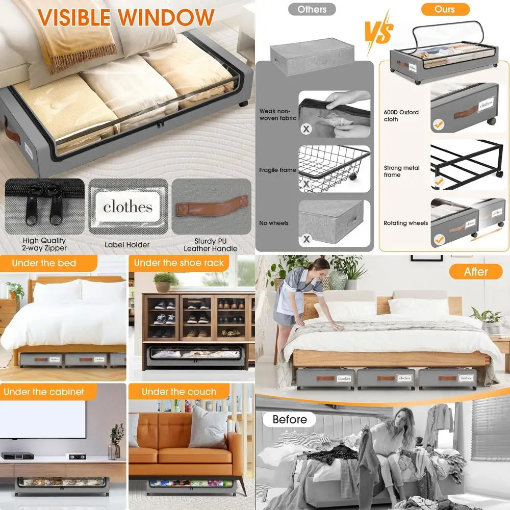 3-Piece Set of Large Rolling Underbed Storage Boxes with Clear View Windows for Clothes, Shoes, and Blankets in Light Grey
3-Piece Set of Large Rolling Underbed Storage Boxes with Clear View Windows for Clothes, Shoes, and Blankets in Light Grey