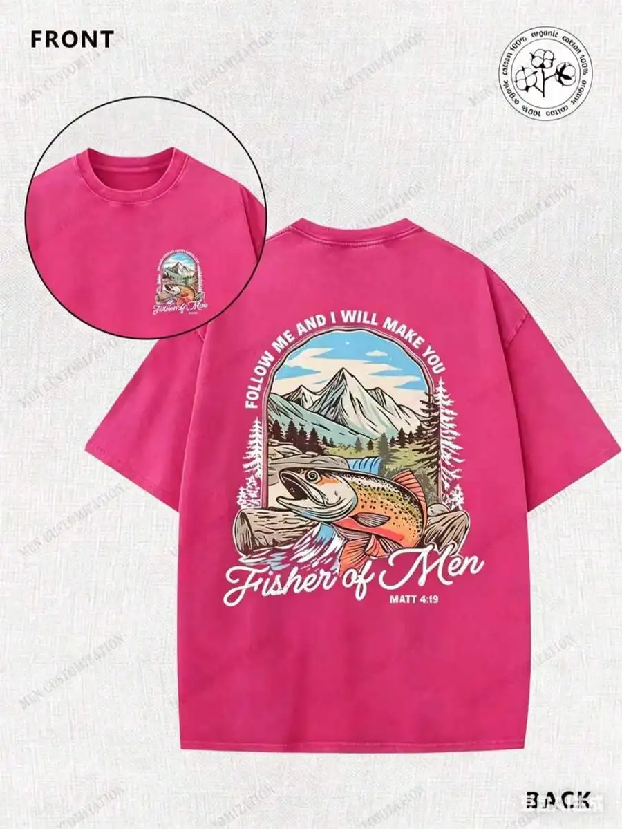 Mens 100% Cotton Vintage Washed Tee With Mountain Stream Fish Design And Bible Verse Print
Mens 100% Cotton Vintage Washed Tee With Mountain Stream Fish Design And Bible Verse Print
