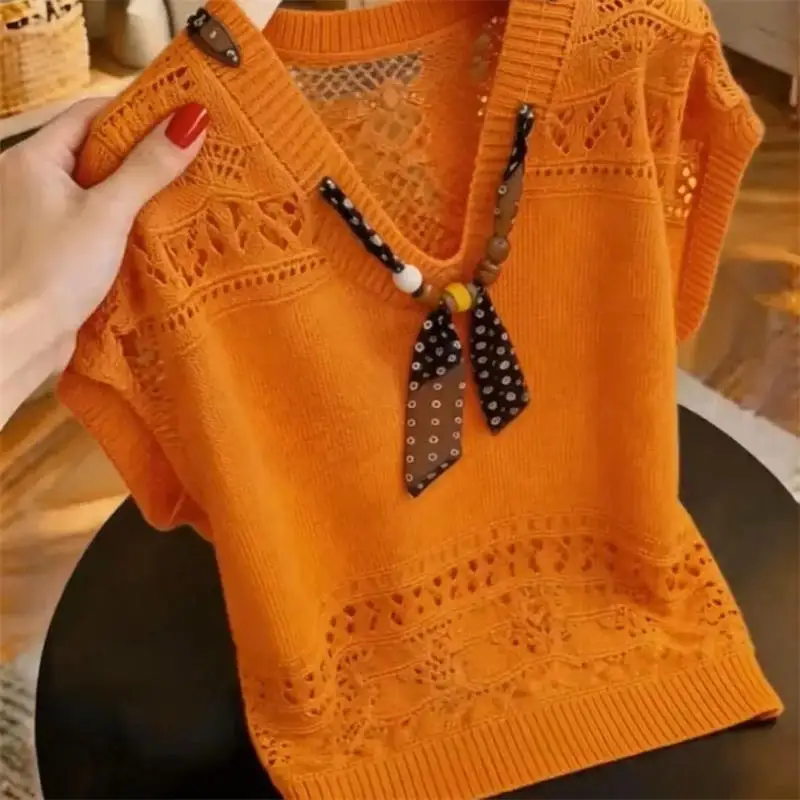 2026 New Summer Autumn Thin Hollow Out Knitted Sweater Pullover WOMEN Knitwear Short Sleeved V-neck Ribbon Versatile Top T-shirt
2026 New Summer Autumn Thin Hollow Out Knitted Sweater Pullover WOMEN Knitwear Short Sleeved V-neck Ribbon Versatile Top T-shirt