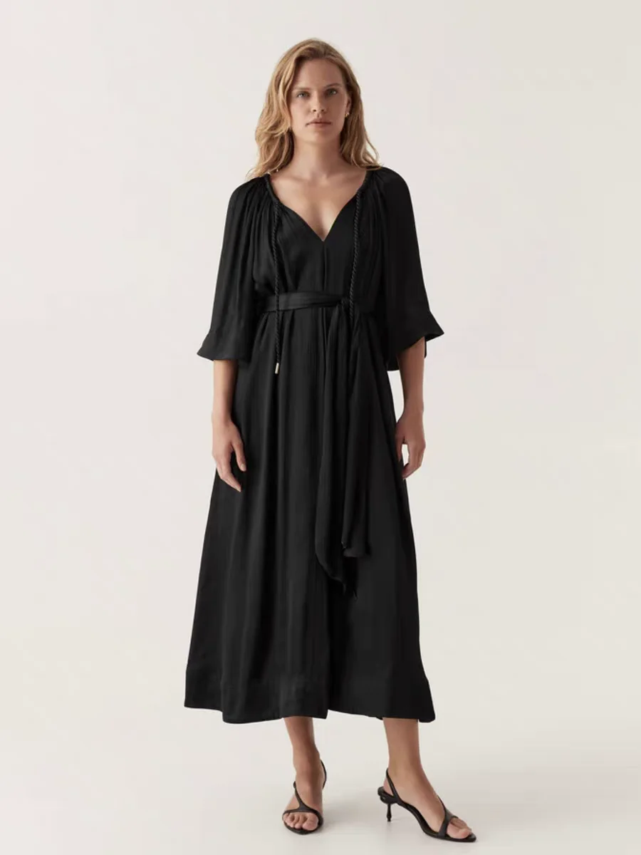 Women Sweetheart Neck Lace-up Three Quarter Sleeve Silk Midi Dress
Women Sweetheart Neck Lace-up Three Quarter Sleeve Silk Midi Dress