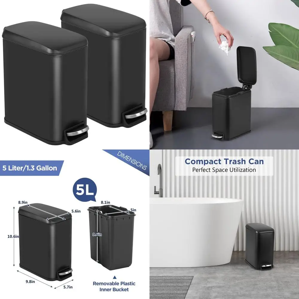 Compact 1.3 Gallon Step-On Trash Can with Lid, Sleek Black Stainless Steel Bin for Home and Office Use (5L)
Compact 1.3 Gallon Step-On Trash Can with Lid, Sleek Black Stainless Steel Bin for Home and Office Use (5L)
