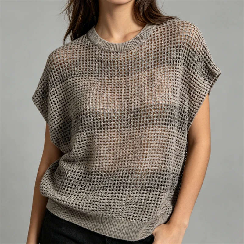 Summer 2026 Women's round Neck Linen Blend Mesh Knitted Sleeveless Top Y2K High Quality Fashion Casual Loose Striped Vest
Summer 2026 Women's round Neck Linen Blend Mesh Knitted Sleeveless Top Y2K High Quality Fashion Casual Loose Striped Vest