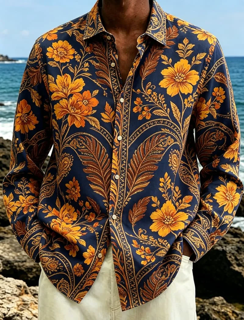 Men's tropical floral printed long sleeved shirt casual top, fresh vacation style, suitable for beach vacations and daily wear
Men's tropical floral printed long sleeved shirt casual top, fresh vacation style, suitable for beach vacations and daily wear