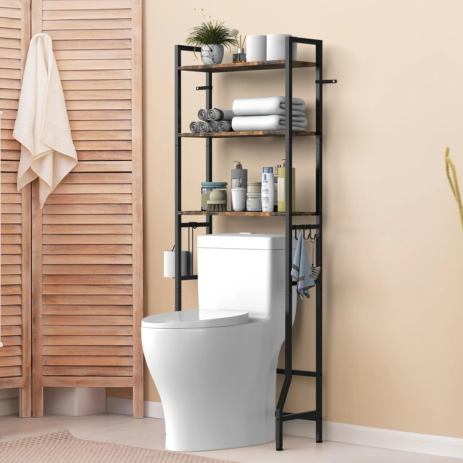 Storage Shelf for Above The Toilet, Featuring a 3-Tier Design with a Freestanding Organizer Rack, Paper Holder, And Three Hooks.
Storage Shelf for Above The Toilet, Featuring a 3-Tier Design with a Freestanding Organizer Rack, Paper Holder, And Three Hooks.
