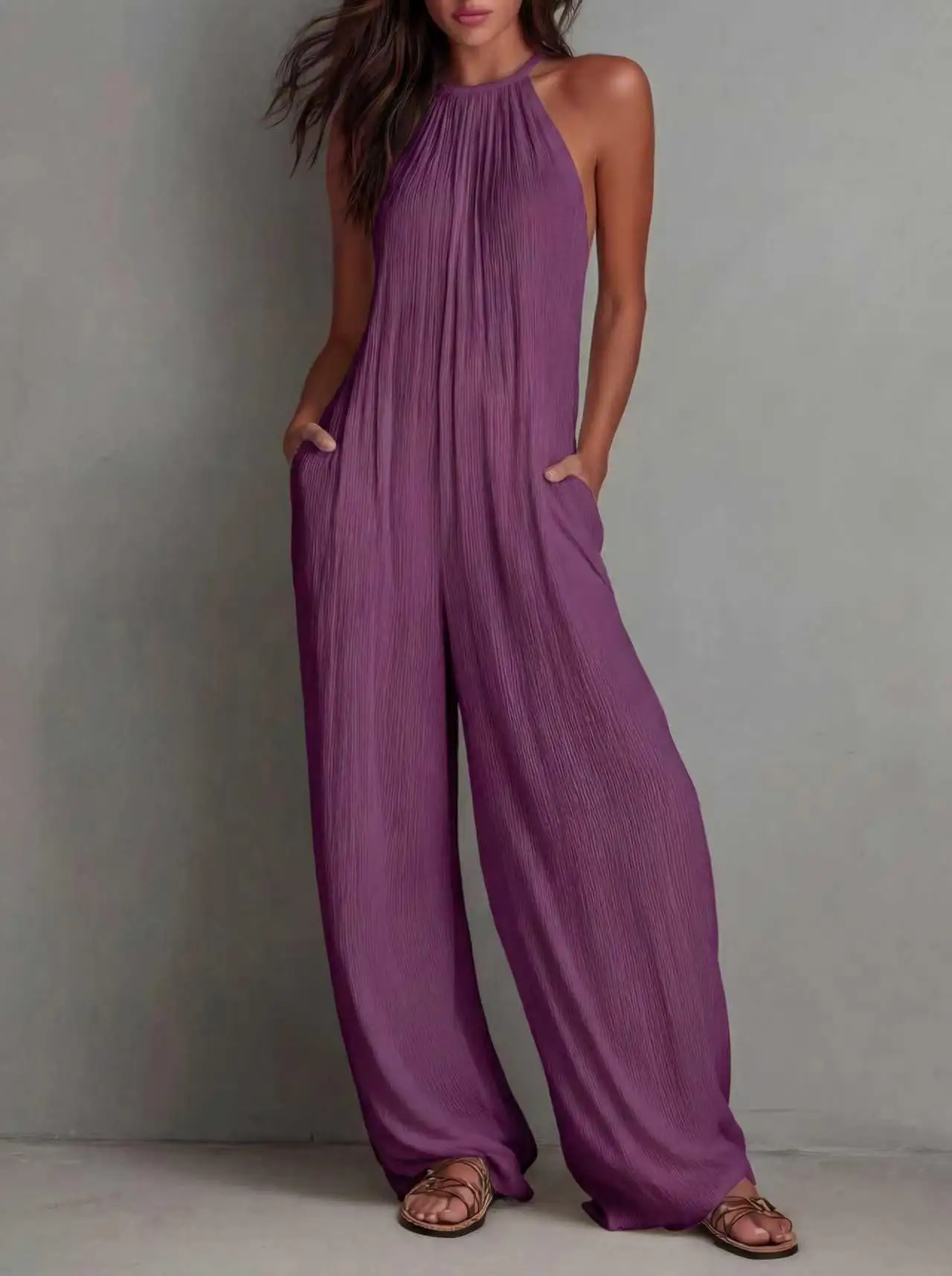 Women's Halter Jumpsuit Beach Vacation Textured Overalls with Pockets Wide-Leg Romper Casual Spring Summer Sleeveless Outfit
Women's Halter Jumpsuit Beach Vacation Textured Overalls with Pockets Wide-Leg Romper Casual Spring Summer Sleeveless Outfit