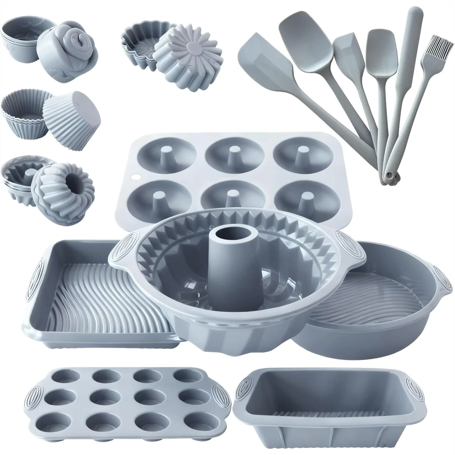 28 Pcs Silicone Baking Pans Set with Cake Molds, Muffin Pan, Donut Pan, Loaf Pan for Baking
28 Pcs Silicone Baking Pans Set with Cake Molds, Muffin Pan, Donut Pan, Loaf Pan for Baking