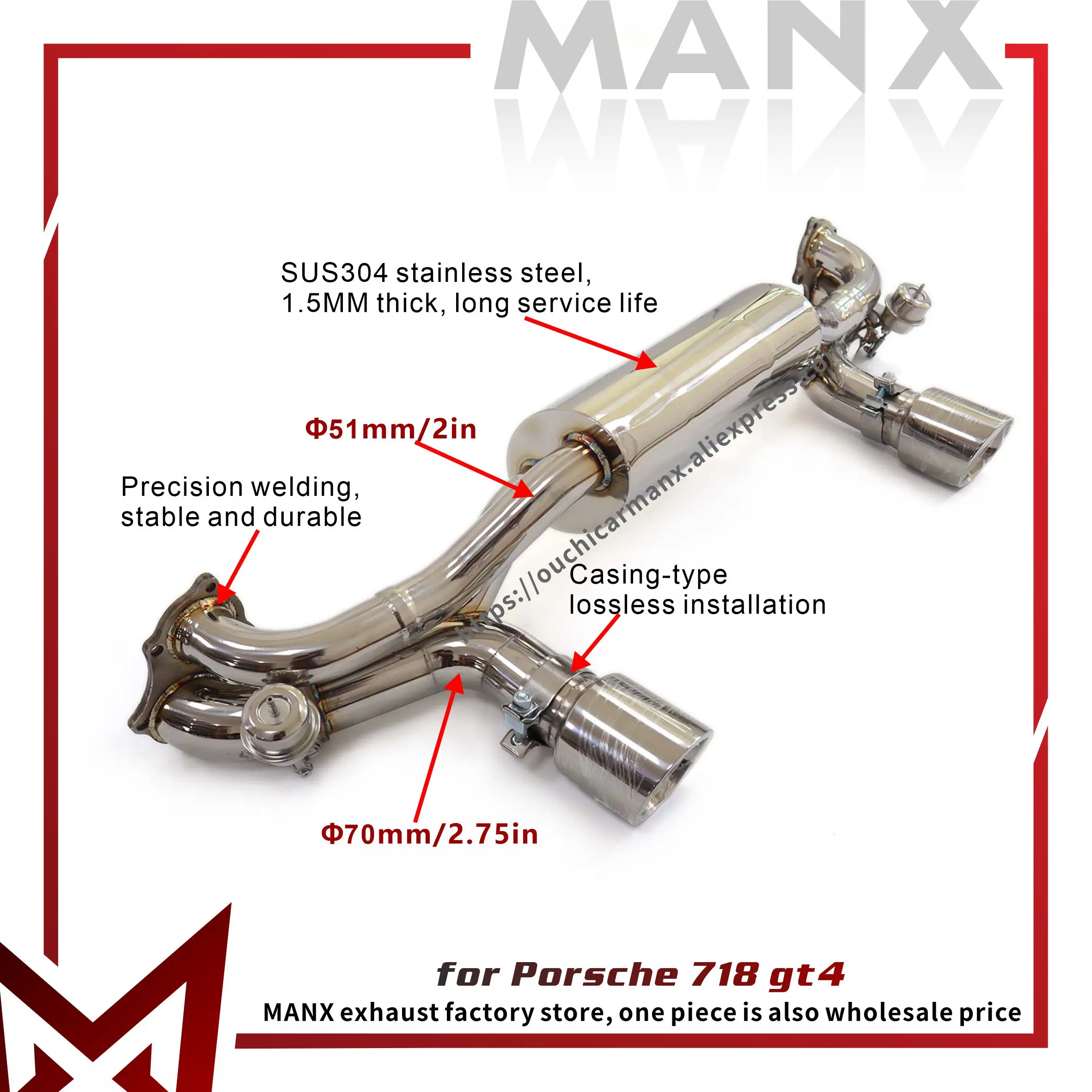 HMD Exhaust Catback for Porsche 718 gt4 SS304 OEM valve base TIG manual welding Support customization Increase pipe diameter
HMD Exhaust Catback for Porsche 718 gt4 SS304 OEM valve base TIG manual welding Support customization Increase pipe diameter