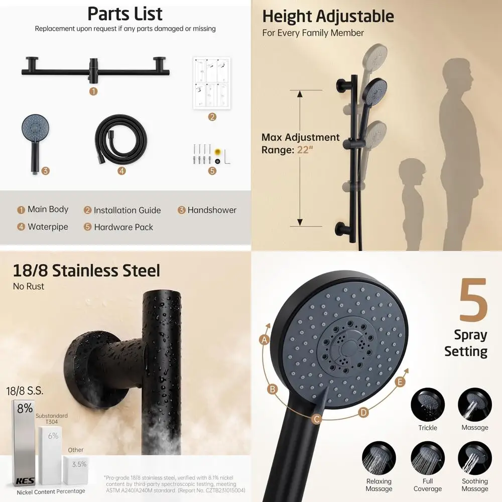 Matte Black 5-Function Handheld Shower Head with Adjustable Slide Bar Combo
Matte Black 5-Function Handheld Shower Head with Adjustable Slide Bar Combo