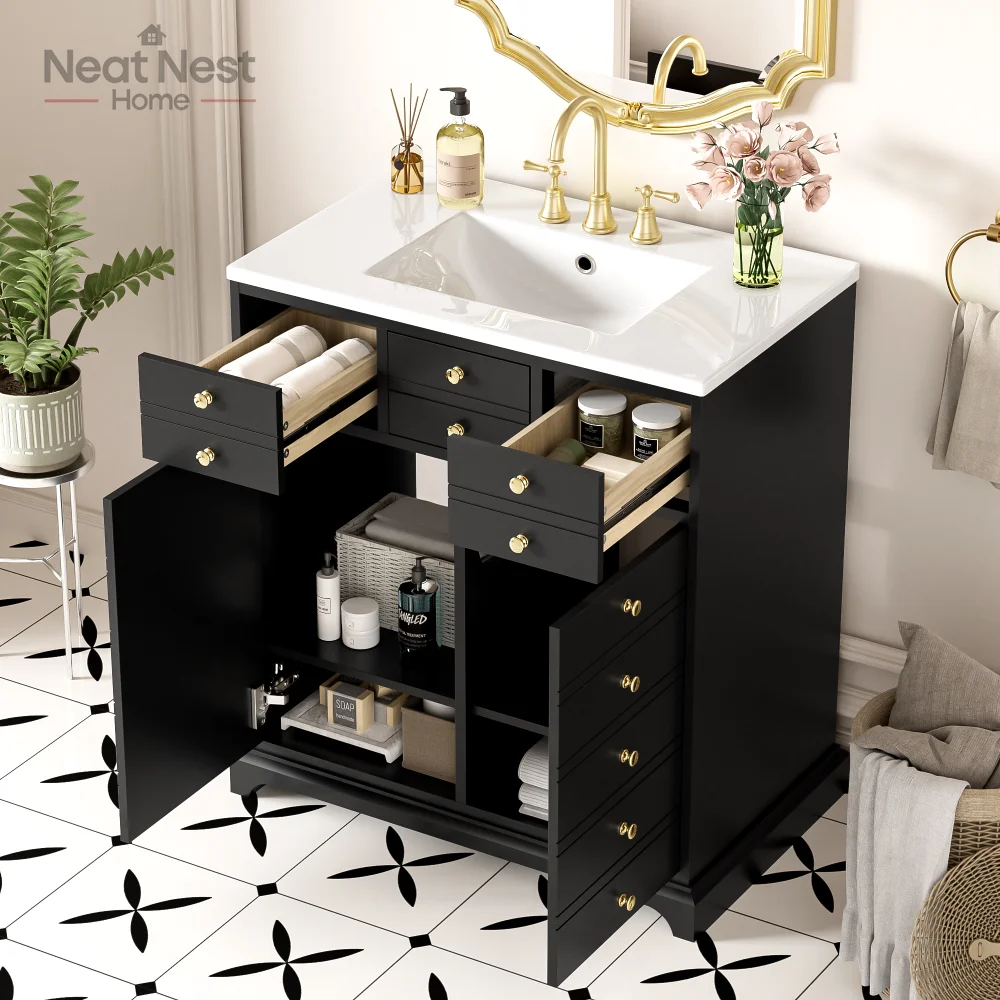 Bathroom Vanity, Ceramic Sink Combo, Solid Wood Bathroom Storage Cabinet, Freestanding Vanity Set,2 Drawers,Closing Doors, Black
Bathroom Vanity, Ceramic Sink Combo, Solid Wood Bathroom Storage Cabinet, Freestanding Vanity Set,2 Drawers,Closing Doors, Black