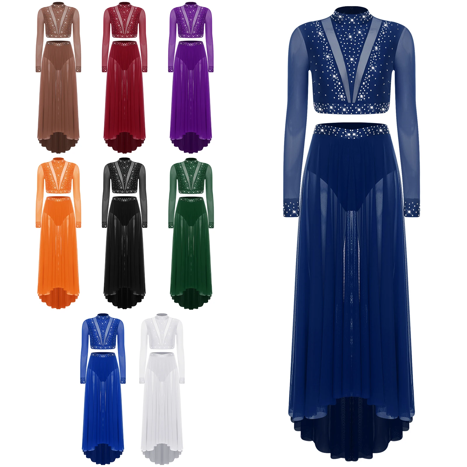 Womens Modern Belly Lyrical Dance Costume set Half Sleeve Back Hollow Out Crop Tops and High-low Mesh Hem Skirt 2-piece Set
Womens Modern Belly Lyrical Dance Costume set Half Sleeve Back Hollow Out Crop Tops and High-low Mesh Hem Skirt 2-piece Set