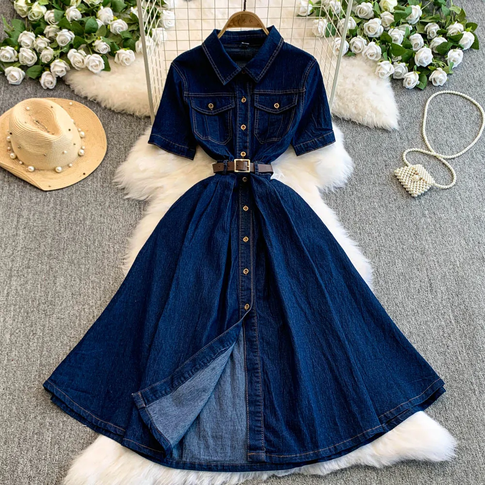 Women Denim Dress Spring Summer A-Line Mid-Length Short Sleeve Turn Down Collar Dresses Casual Office Lady Frocks Streetwear
Women Denim Dress Spring Summer A-Line Mid-Length Short Sleeve Turn Down Collar Dresses Casual Office Lady Frocks Streetwear