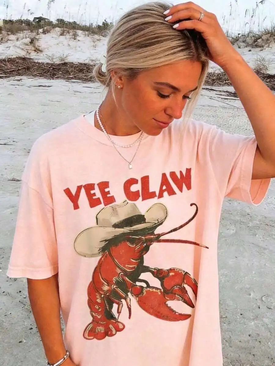 Yee Claw Lobster Cowboy Graphic Tee Women Oversized Cotton Short Sleeve Top
Yee Claw Lobster Cowboy Graphic Tee Women Oversized Cotton Short Sleeve Top