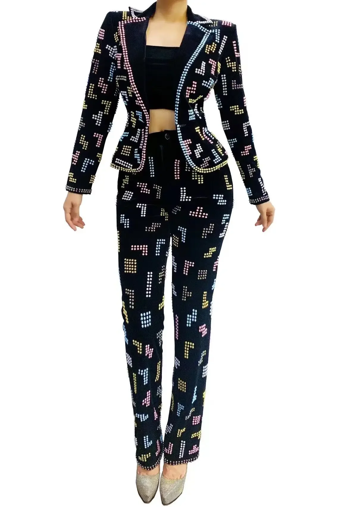 Evening Dance Show Costume Outfit Prom Birthday 3 Piece Set Multi-color Rhinestones Black velvet Jacket Pants
Evening Dance Show Costume Outfit Prom Birthday 3 Piece Set Multi-color Rhinestones Black velvet Jacket Pants