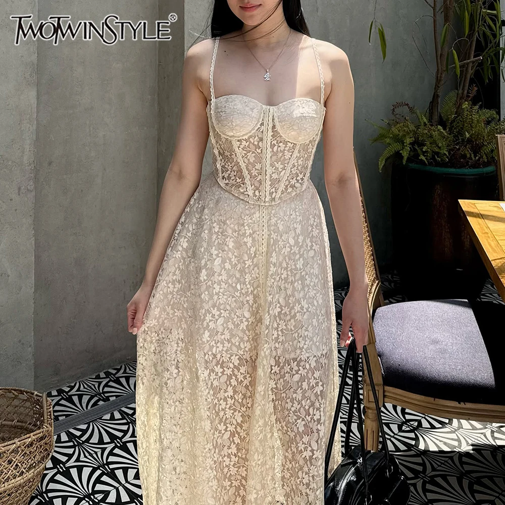 TWOTWINSTYLE Spliced Lace Slimming Dresses for Women Square Neck Sleeveless High Waist Temperament Dress Female Fahion New
TWOTWINSTYLE Spliced Lace Slimming Dresses for Women Square Neck Sleeveless High Waist Temperament Dress Female Fahion New